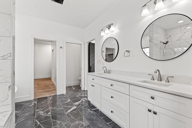 bathroom with vanity, a shower, and toilet