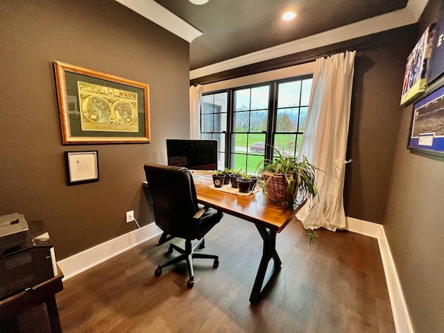 home office with wood-type flooring