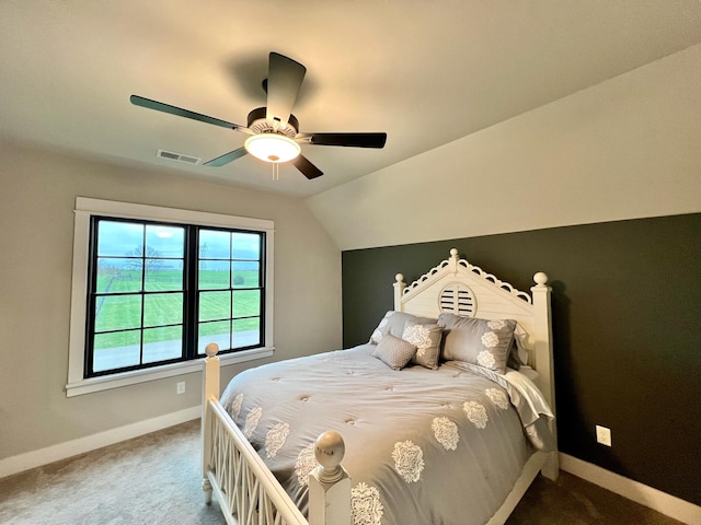 bedroom featuring carpet flooring, ceiling fan, and lofted ceiling