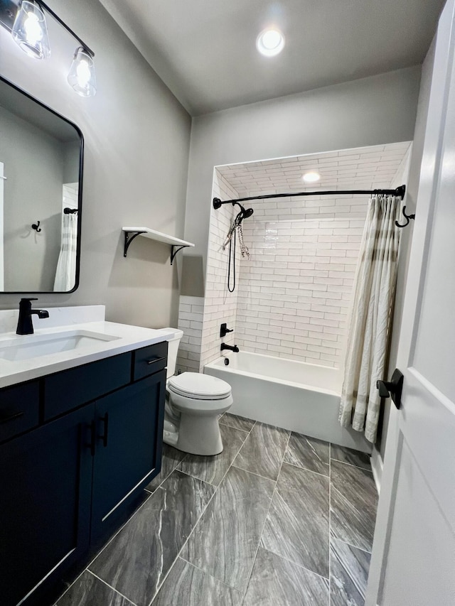 full bathroom with vanity, shower / bathtub combination with curtain, and toilet