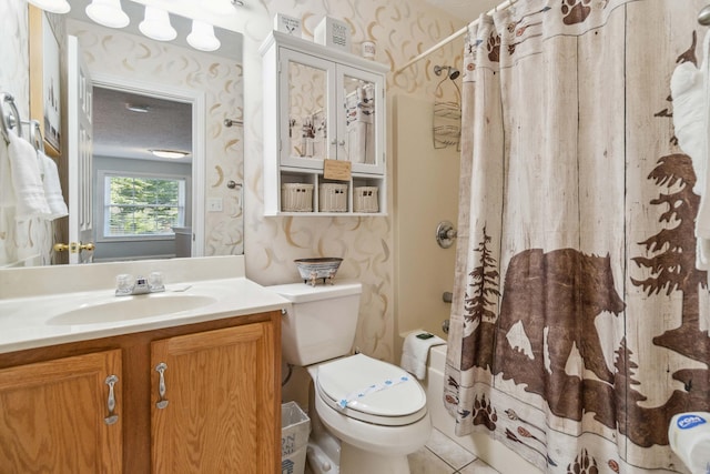 full bathroom with vanity, tile patterned flooring, toilet, a textured ceiling, and shower / tub combo with curtain