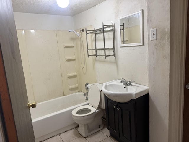 full bathroom featuring toilet, vanity, tile patterned floors, shower / bathing tub combination, and a textured ceiling