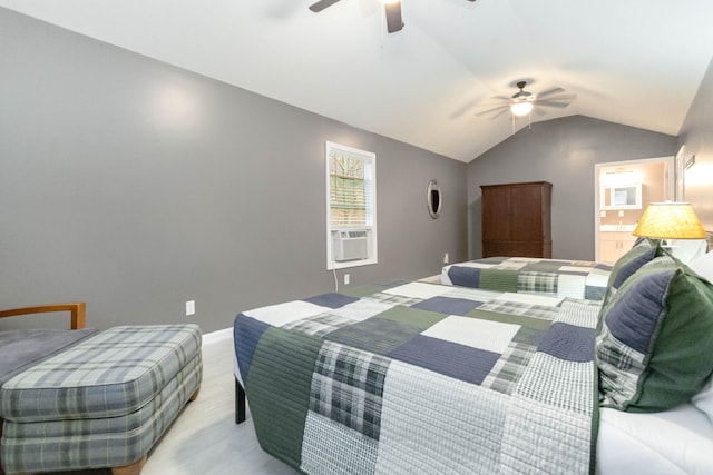 bedroom with ceiling fan, cooling unit, and lofted ceiling