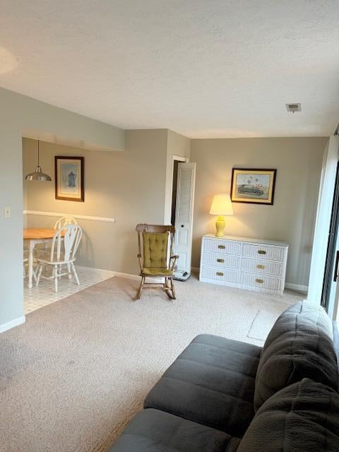 living room with carpet and a textured ceiling