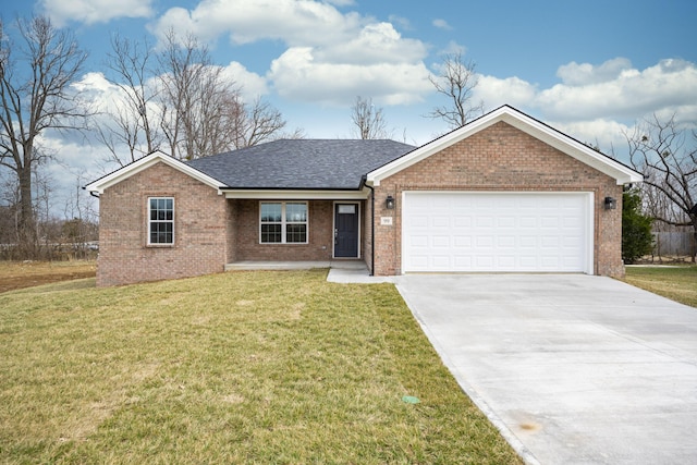 single story home with an attached garage, brick siding, concrete driveway, roof with shingles, and a front yard