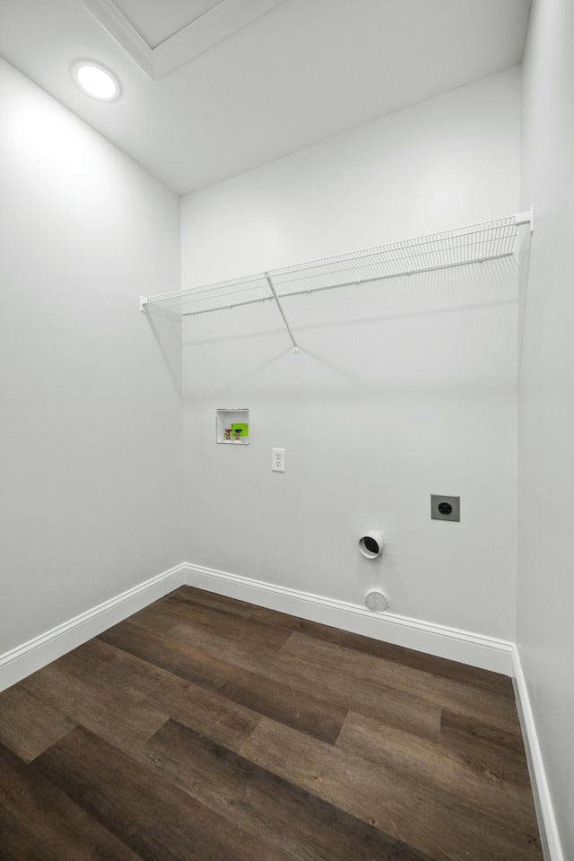 clothes washing area featuring hookup for a washing machine, hookup for an electric dryer, laundry area, dark wood-style flooring, and baseboards