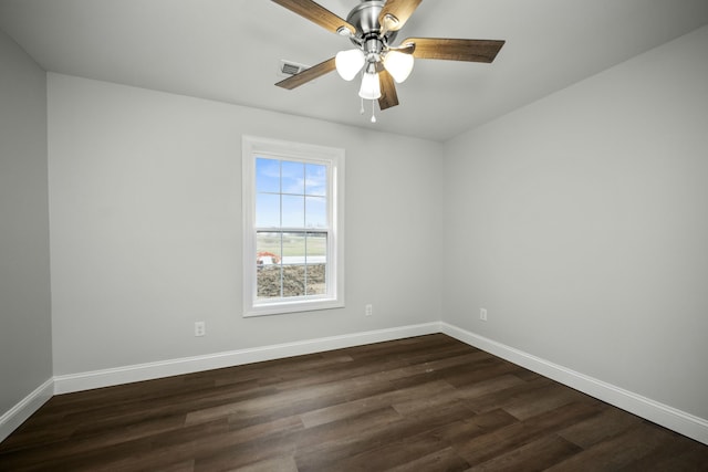 empty room with ceiling fan, dark wood-type flooring, visible vents, and baseboards