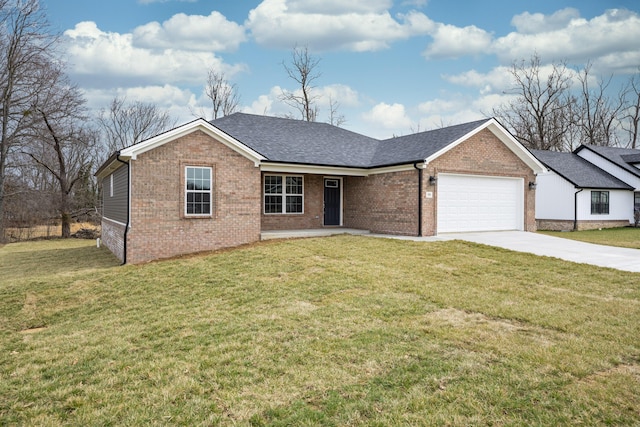 ranch-style home featuring a front lawn, concrete driveway, brick siding, and an attached garage