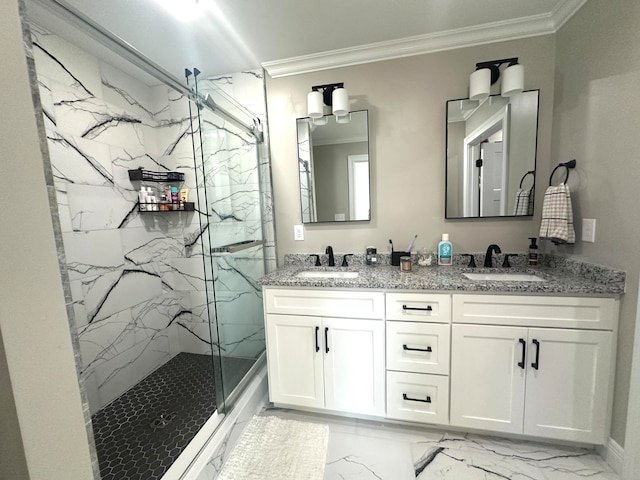 bathroom with vanity, a shower, and ornamental molding