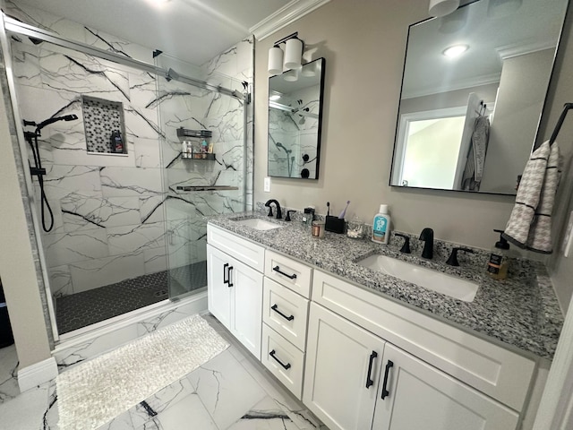 bathroom featuring vanity, crown molding, and a shower with shower door