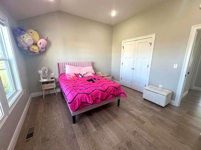 bedroom with hardwood / wood-style floors, a closet, and lofted ceiling