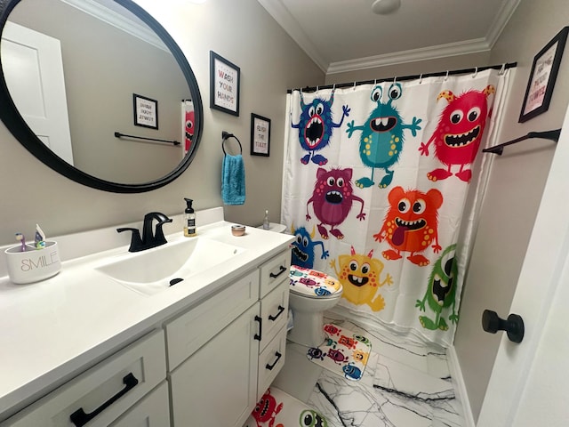 bathroom featuring walk in shower, toilet, vanity, and ornamental molding