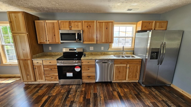 kitchen with a textured ceiling, dark hardwood / wood-style flooring, sink, and appliances with stainless steel finishes