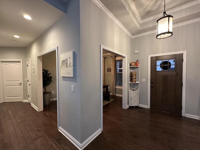 entryway with a raised ceiling, baseboards, dark wood-style flooring, and ornamental molding