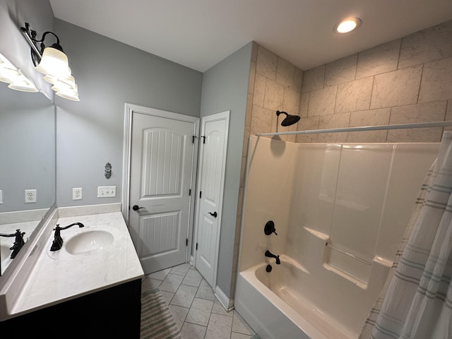 full bath featuring vanity and shower / bathtub combination with curtain