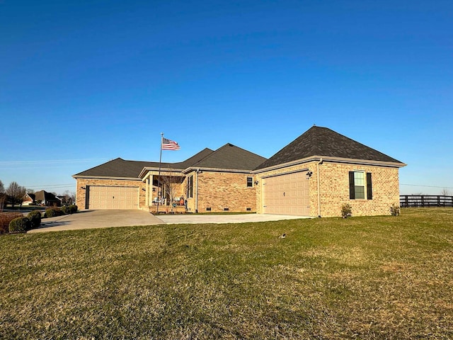 ranch-style house with brick siding, concrete driveway, a front lawn, and fence