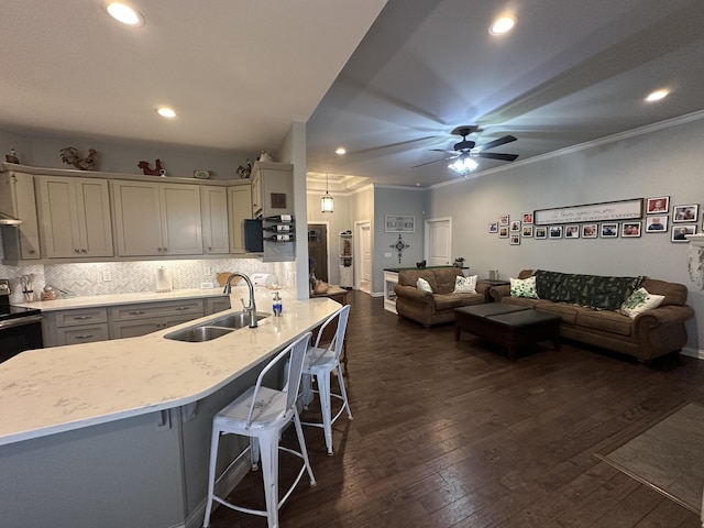 kitchen featuring a sink, dark wood-style floors, a breakfast bar, and open floor plan