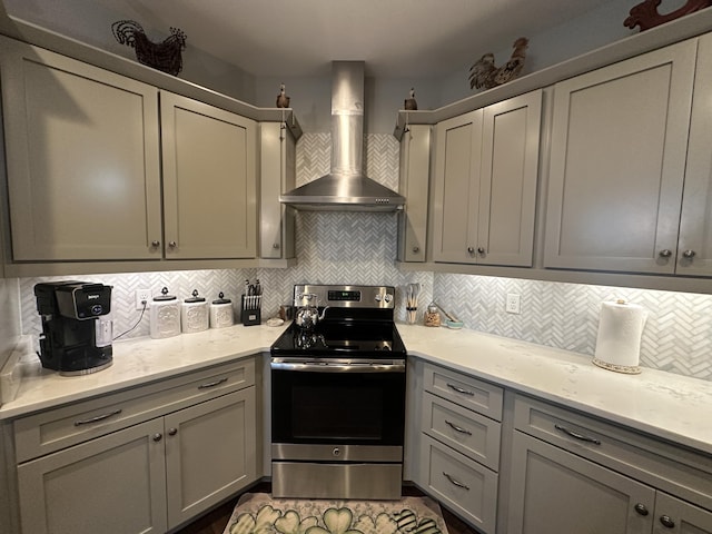 kitchen featuring backsplash, stainless steel range with electric stovetop, gray cabinets, and wall chimney range hood