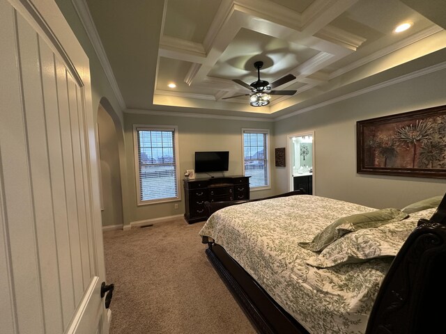 bedroom featuring baseboards, ornamental molding, carpet flooring, arched walkways, and coffered ceiling