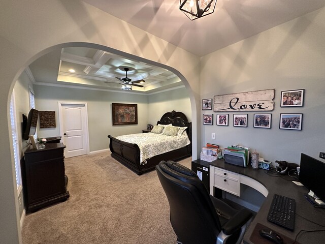 bedroom with beam ceiling, coffered ceiling, arched walkways, carpet floors, and crown molding