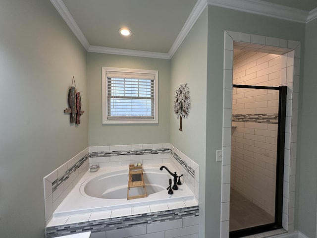 full bathroom with recessed lighting, a garden tub, a stall shower, and ornamental molding