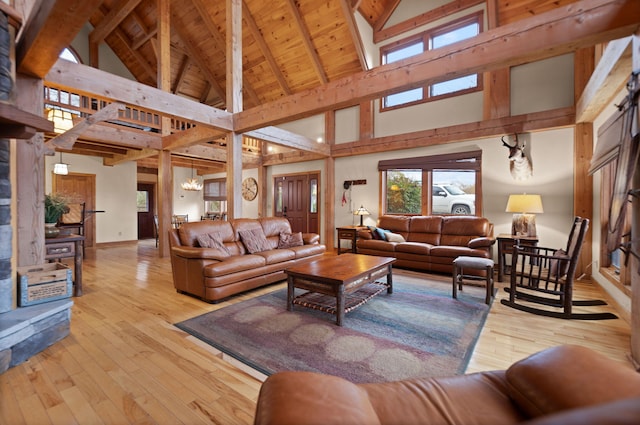 living area with vaulted ceiling with beams, wood-type flooring, wood ceiling, and a notable chandelier