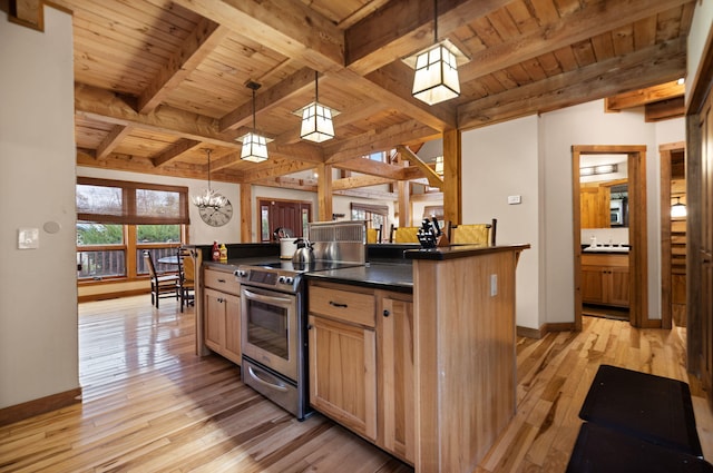 kitchen featuring dark countertops, stainless steel range with electric stovetop, light wood-type flooring, and beam ceiling