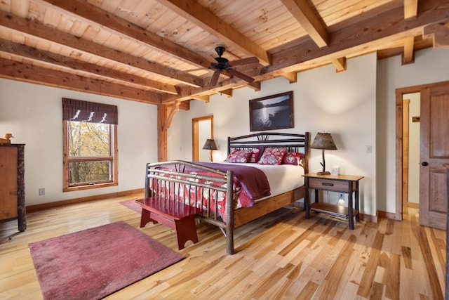 bedroom with wooden ceiling, wood-type flooring, beam ceiling, and baseboards