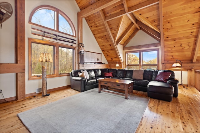 living area with wooden ceiling, wood-type flooring, high vaulted ceiling, and beamed ceiling