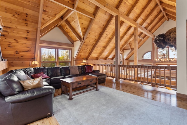 living room featuring high vaulted ceiling, wooden ceiling, wooden walls, wood finished floors, and beamed ceiling