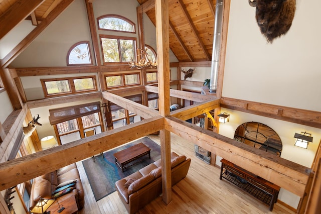 100 Waters Edge Trl, Monticello, KY 42633 - staircase featuring wood ceiling with exposed beams, wood-type flooring, high vaulted ceiling, and a chandelier
