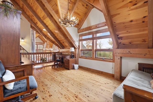 home office featuring vaulted ceiling with beams, a notable chandelier, wood-type flooring, wooden ceiling, and baseboards