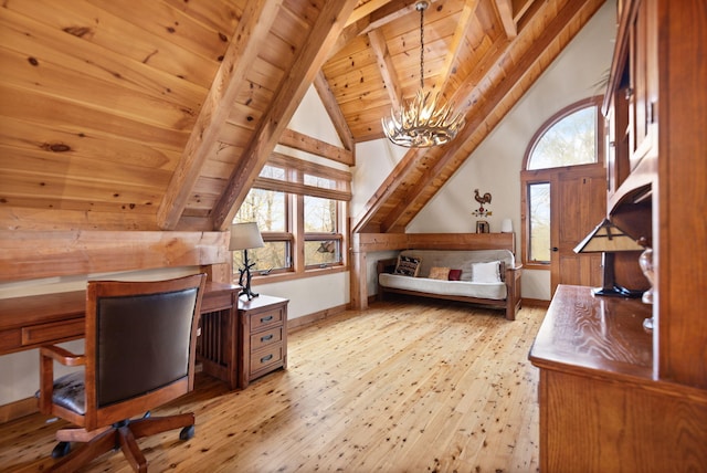 interior space featuring lofted ceiling with beams, light wood-style floors, wood ceiling, and a wealth of natural light