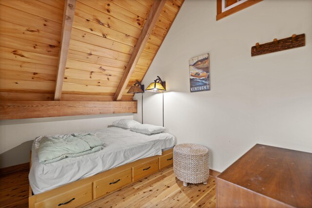 bedroom featuring lofted ceiling with beams, wood ceiling, and hardwood / wood-style floors