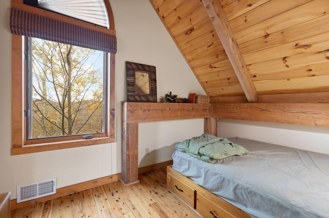 bedroom featuring vaulted ceiling with beams, light wood-style floors, wood ceiling, and visible vents