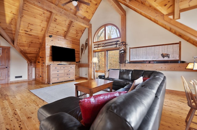 living area featuring high vaulted ceiling, wood-type flooring, wooden ceiling, and beamed ceiling