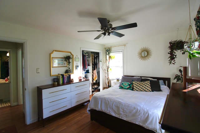 bedroom featuring a closet, ceiling fan, and dark hardwood / wood-style floors