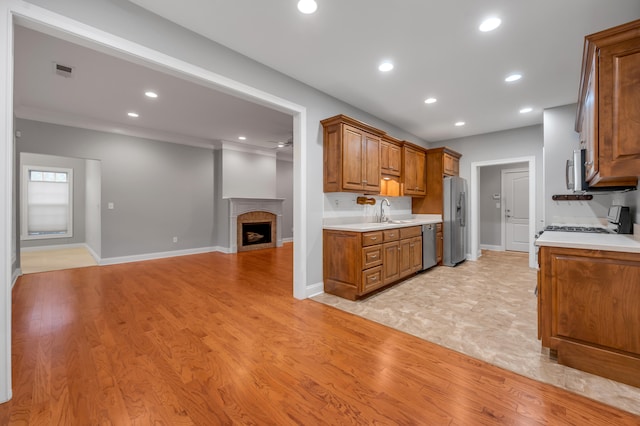 kitchen with light hardwood / wood-style floors, stainless steel appliances, and sink