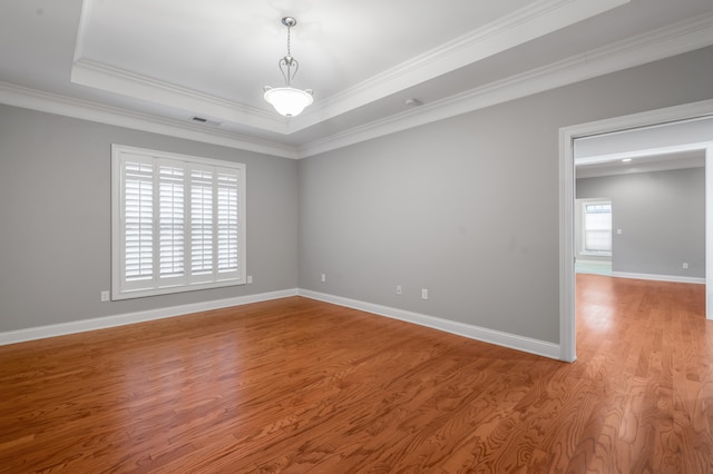 spare room featuring hardwood / wood-style floors, a raised ceiling, and crown molding