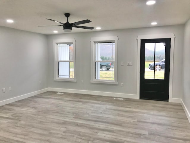 entrance foyer with light hardwood / wood-style floors, a wealth of natural light, and ceiling fan