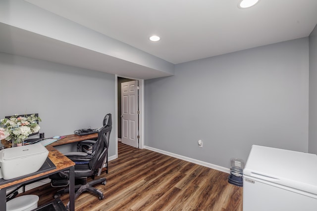 office area featuring wood finished floors, baseboards, and recessed lighting