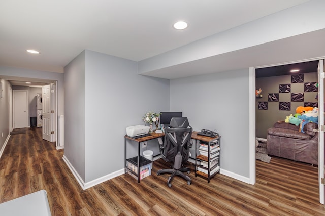home office featuring wood finished floors, baseboards, and recessed lighting