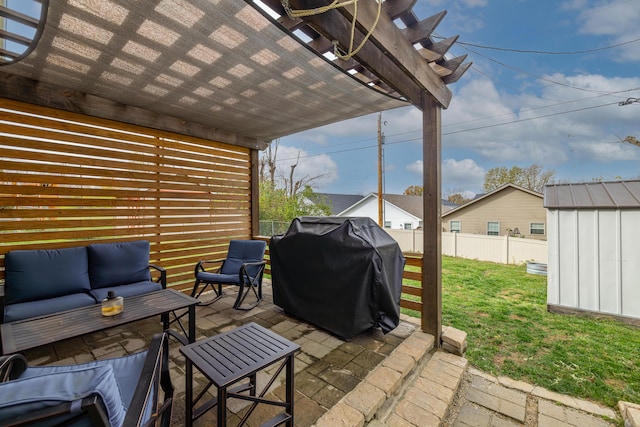 view of patio with an outdoor hangout area, a grill, a pergola, a shed, and an outdoor structure