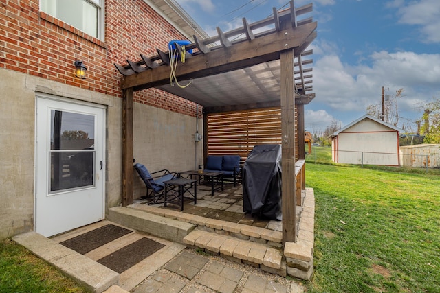 view of patio / terrace with a pergola, outdoor lounge area, and area for grilling