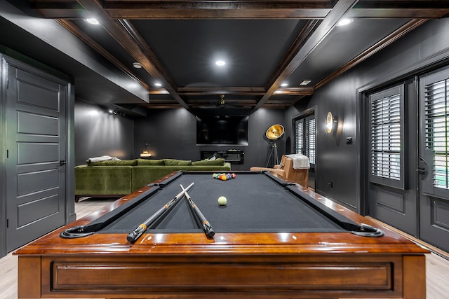 recreation room with beamed ceiling, light hardwood / wood-style flooring, coffered ceiling, and billiards