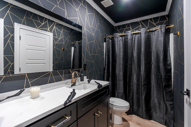 bathroom featuring a shower with curtain, vanity, crown molding, wood-type flooring, and tile walls