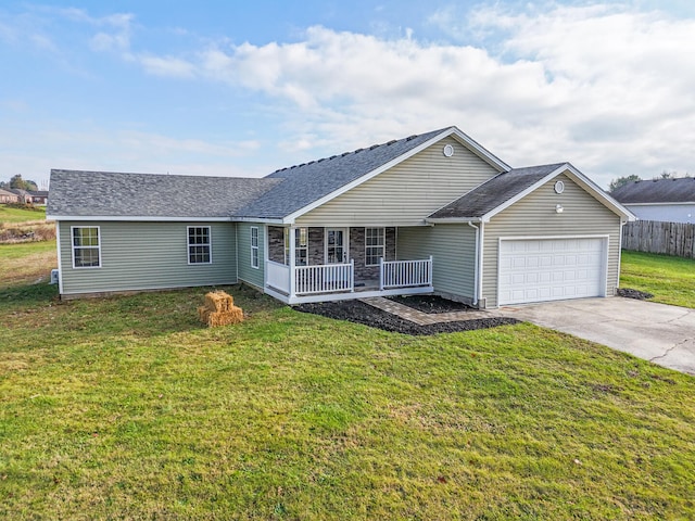 ranch-style home with a front yard, a porch, and a garage