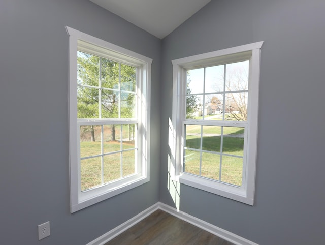 doorway to outside with lofted ceiling, dark hardwood / wood-style flooring, and a healthy amount of sunlight