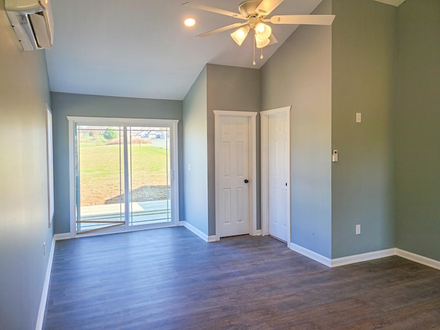 unfurnished room with dark hardwood / wood-style flooring, high vaulted ceiling, an AC wall unit, and ceiling fan