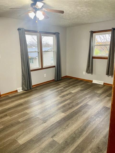 spare room featuring plenty of natural light, a textured ceiling, and dark wood-type flooring